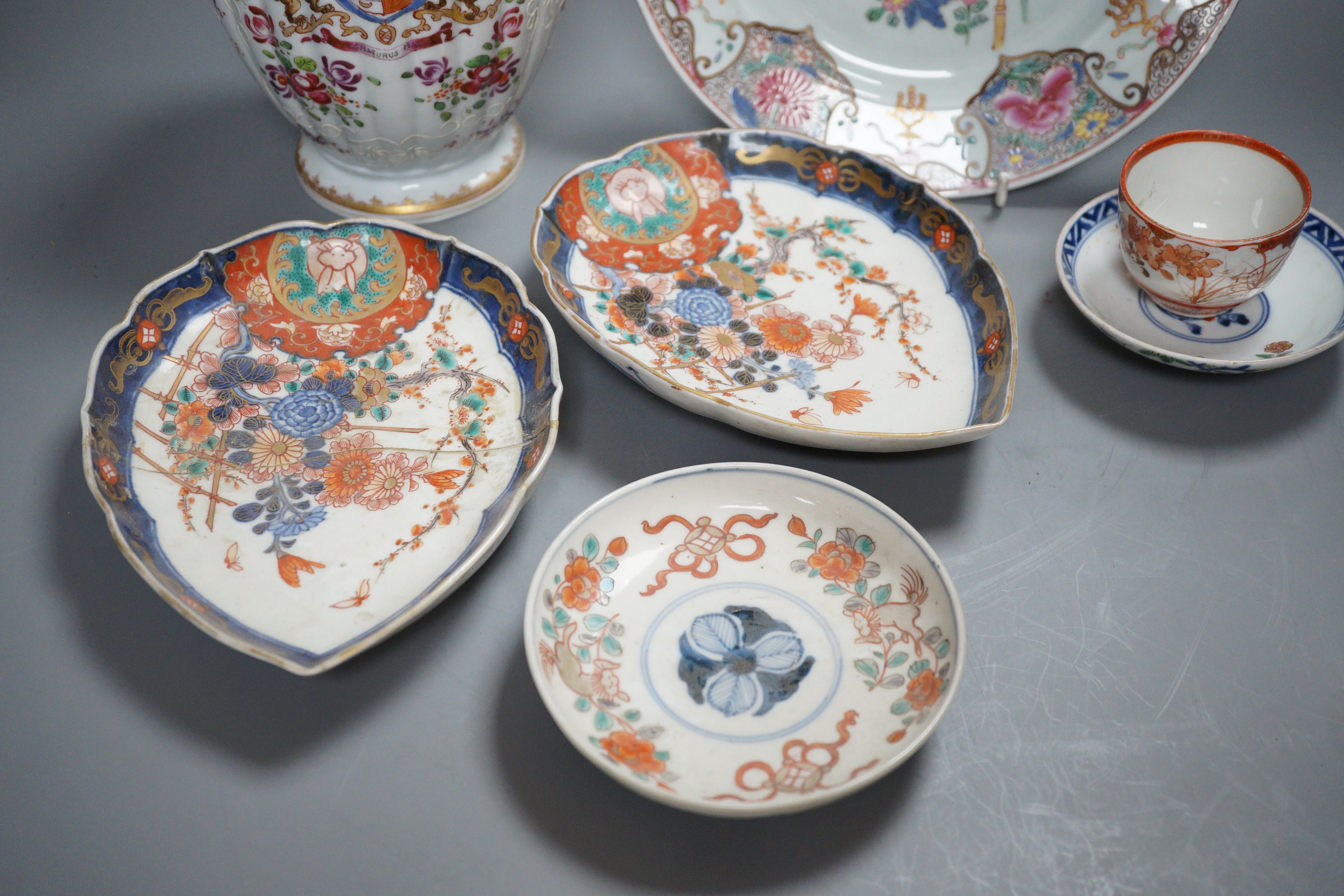 A Samson ovoid armorial jar, a Samson plate, a pair of Imari leaf dishes and three other Chinese/Japanese items